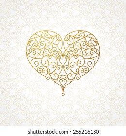 Ornate vector heart in line art style. Elegant element for logo design, place for text. Lace floral illustration for wedding invitations, greeting cards, Valentines cards. Light outline pattern.