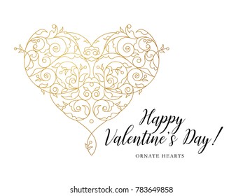 Ornate vector heart in line art style. Elegant element for logo design, place for text. Lace floral illustration for wedding invitations, greeting cards, Valentines cards. Golden outline pattern.