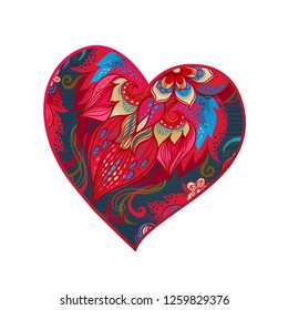 Ornate vector heart. Romantic decor for Valentines day 14 february. Isolated on white background. Template vintage illustration for invitation, Valentine's Day greetings. Red flower, place for text.