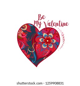 Ornate vector heart. Romantic decor Be My Valentine. Template floral illustration for invitation, thank you message, Valentine's Day greetings. Red flower, place for text.