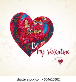 Ornate vector heart. Romantic decor Be My Valentine. Template vintage illustration for invitation, thank you message, Valentine's Day greetings. Red flower, place for text.