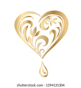 Ornate vector heart in Victorian style. Elegant element for logo design, place for text. Lace floral illustration for wedding invitations, greeting cards, Valentines cards. Golden luxury illustration
