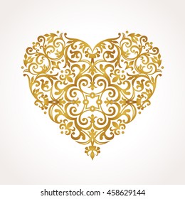 Ornate vector heart in Victorian style. Elegant element for logo design, place for text. Lace floral illustration for wedding invitations, greeting cards, Valentines cards. Golden luxury illustration.