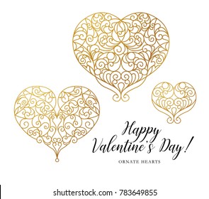 Ornate vector hearts in line art style. Elegant elements for logo design, place for text. Lace floral illustration for wedding invitations, greeting cards, Valentines cards. Golden outline pattern.