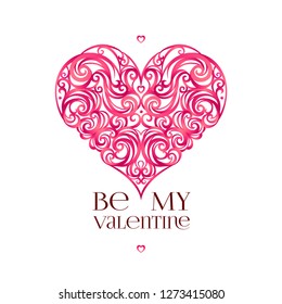 Ornate vector hearts in Victorian style. Pink design element for  Happy Valentines Day greetings. Romantic floral illustration for Valentines cards. Day Of Love. Be my Valentine. Isolated