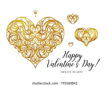 Ornate vector hearts in Victorian style. Elegant element. Rococo decoration. Romantic floral illustration for wedding invitations, greeting cards, Valentines cards. Golden decor.