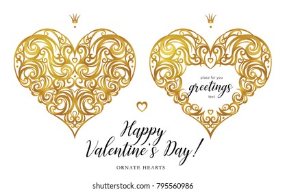 Ornate vector hearts in Victorian style. Elegant element. Rococo decoration. Romantic floral illustration for wedding invitations, greeting cards, Valentines cards. Golden frame decor.