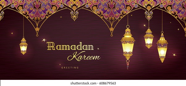 Ornate vector horizontal banner, golden vintage lanterns for Ramadan wishing. Arabic shining lamps. Decor in Eastern style. Islamic background. Ramadan Kareem card, advertising, discount, poster.