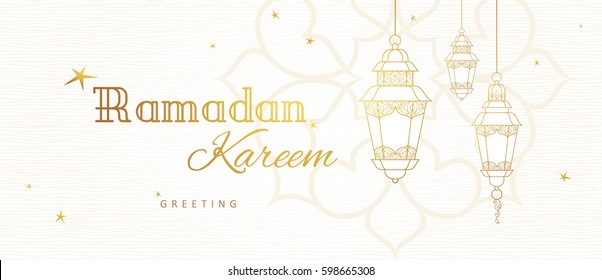 Ornate vector horizontal banner, vintage lanterns for Ramadan wishing. Arabic shining lamps. Outline decor in Eastern style. Islamic background. Ramadan Kareem card, advertising, discount, poster.