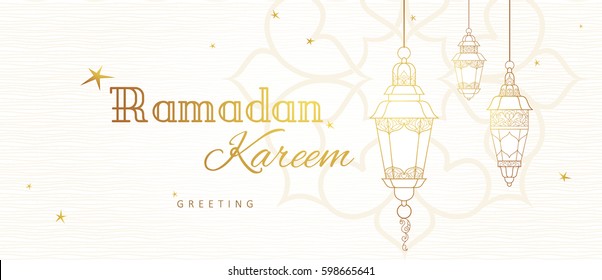 Ornate vector horizontal banner, vintage lanterns for Ramadan wishing. Arabic shining lamps. Outline decor in Eastern style. Islamic background. Ramadan Kareem card, advertising, discount, poster.