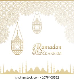 Ornate vector islamic mosque door, vintage lanterns for Ramadan wishing. Arabic ornamental lamps. Outline golden decor. Islamic background. Ramadan Kareem greeting card, advertising, discount, poster.