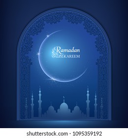 Ornate vector islamic mosque window, with moon, sparkles, glitters, blue mosque silhouette. Arabic ornamental outline dark blue decor. Islamic background. Ramadan Kareem greeting card, advertising.