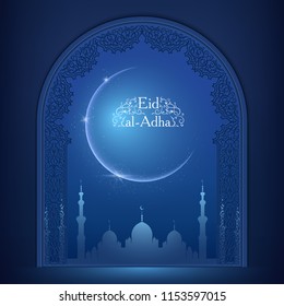 Ornate vector islamic mosque window, with moon, sparkles, glitters, blue mosque silhouette. Arabic ornamental outline dark blue decor. Islamic background. Eid Al Adha wishing greeting card