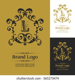 Ornate Vector Logo Template. Flourishes calligraphic elegant ornamental design logo, boutique brand, royalty, crown logo. For invitation, greeting card, certificate, business sign, identity, branding