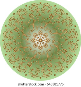 Ornate vector mandala. Floral circular ornament with golden elements and pastel colors. Vector illustration. Can be used for bandanna or shawl pattern. 