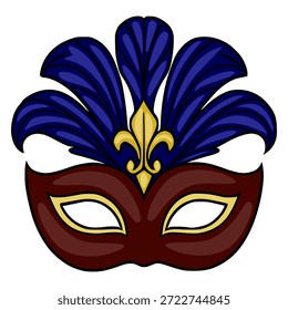 Máscara de disfraces de Vector adornado con plumas azules y acento de flor de lis dorado, perfecto para celebraciones festivas.