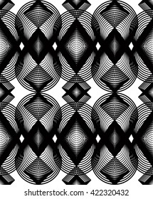 Ornate vector monochrome abstract background with overlapping black lines. Symmetric decorative graphical pattern, geometric stripy illustration.
