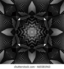 Ornate vector monochrome abstract background with overlapping black lines. Symmetric decorative graphical pattern, geometric stripy illustration.