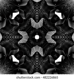Ornate vector monochrome abstract background with overlapping black lines. Symmetric decorative graphical pattern, geometric stripy illustration.