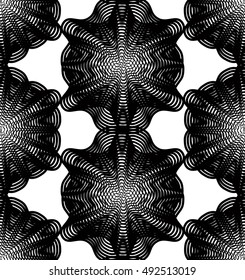 Ornate vector monochrome abstract background with overlapping black lines. Symmetric decorative graphical pattern, geometric stripy illustration.