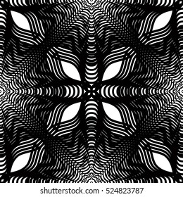 Ornate vector monochrome abstract background with overlapping black lines. Symmetric decorative graphical pattern, geometric stripy illustration.