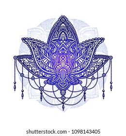 Ornate vector ornamental Lotus tattoo against the background of the mandala. Spiritualism, magical symbols for astrology and alchemy in boho style and ethnic art .