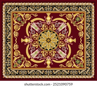 Un diseño de alfombra de Vector adornado con elegantes tonos dorados, rojos y negros, con patrones florales y geométricos barrocos. Ideal para proyectos clásicos de temática vintage, Fondos de pantalla o lujosa decoración del hogar.