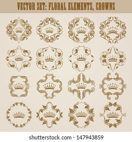Ornate vector set. Decorative victorian crown and heraldic floral elements. In vintage style.