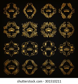 Ornate vector set. Decorative victorian golden crowns and heraldic floral elements on black background. In vintage style. Illustration EPS 10.