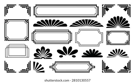 Ornate vector set featuring geometric art deco frames corners and fan shape floral dividers for elegant vintage design.