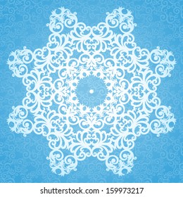 Ornate vector snowflake for Christmas design. Blue seamless background. It can be used for decorating of invitations, greeting cards, decoration for bags and clothes.
