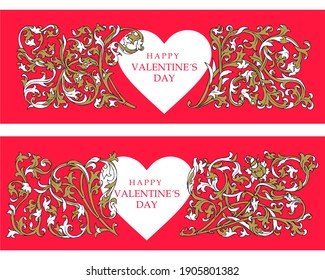 Ornate vector templates for Valentine's Day with Gothic ornaments. Romantic vintage backgrounds. 