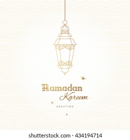 Linterna vintage de Vector adornado para los deseos de Ramadán. Lámparas árabes brillantes. Decoración dorada en estilo oriental. Trasfondo islámico. Plantilla para la tarjeta de felicitación Ramadan Kareem, invitación, folleto, cartel.