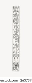 Ornate vertical floral design with intricate floral patterns. Detailed floral motifs, elegant floral elements, and symmetrical flower arrangement in black and white. Decorative ornament vector.
