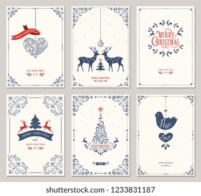 Ornate vertical winter holidays greeting cards with New Year tree, reindeers, Christmas ornaments, dove, swirl frames and typographic design. Vector illustration.