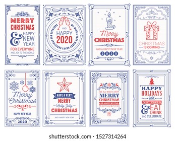 Ornate vertical winter holidays greeting cards with New Year tree, gift box, Christmas ornaments and typographic design