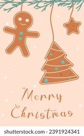 Ornate vertical winter holidays greeting card with cookies and typographic design in flat cozy style. Postcard with Christmas tree cookie, star and gingerbread man cookies