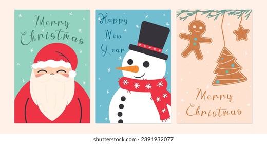 Ornate vertical winter holidays greeting cards with Santa Claus, snowman, cookies and typographic design in flat cozy style. Vector illustration of Christmas postcards.