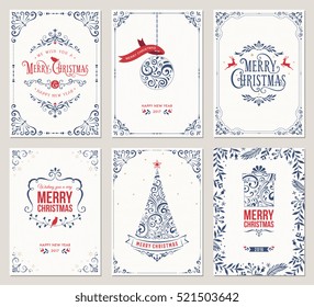 Ornate vertical winter holidays greeting cards with New Year tree, gift box, Christmas ornaments and typographic design.Vector illustration.