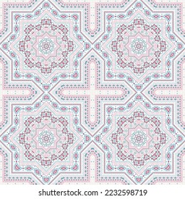 Ornate victorian majolica tile seamless pattern. Geometric texture vector patchwork. Wrap print design. Stylized spanish mayolica tilework repetitive pattern. Geometric shapes wallpaper.