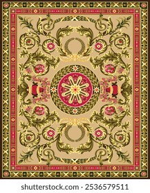 Design de tapete estilo vitoriano ornamentado em vermelhos, verdes e dourados ricos. Ideal para interiores de luxo, decoração de teto, papel de parede e designs de casamento. Arte vetorial de alta qualidade acrescenta elegância a qualquer projeto.