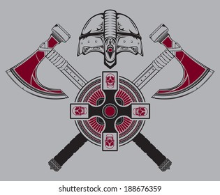 An ornate viking crest with crossed battle axes in vector format.