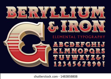 Ornate vintage 3d font alphabet with color stripe effects; Beryllium an Iron elemental typography