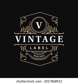 Ornate Vintage Badge Label With Flourish Swirl Ornament Elegant Luxury Typographic Logo For Your Business, Shop Sign, Label, Whiskey, Rum, Beer, Scotch, Vodka, Cognac, Bakery Etc