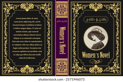 Ornate vintage book cover design featuring a woman wearing a hat, perfect for historical or romantic novels targeting a female audience
