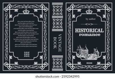 Ornate vintage book cover design with a historical romance theme, featuring an ornate frame, keys, crown, and castle illustration, creating a classic and elegant look. Hand drawn illustration