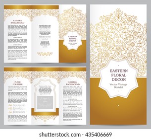 Ornate vintage booklet with line art floral decor. Golden outline decoration in Eastern style. Template frame for brochure, flyer, page layouts, leaflet, poster. Vector border. Easy to use, layered.