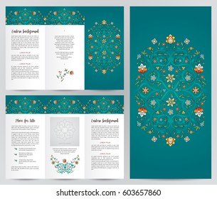 Ornate vintage booklet with oriental floral decor. Bright floral decoration in Eastern style. Template  turquoise frame for brochure, invitation, flyer, page layouts, leaflet. Premium vector border.