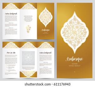 Ornate vintage booklet with oriental floral decor.Golden decoration in Eastern style. Template frame for brochure, invitation, flyer, page layouts, leaflet. Premium vector border. Layers, easy to use.