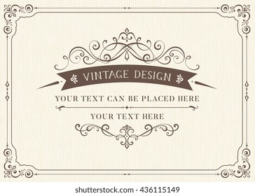 Ornate vintage card design with ornamental flourishes frame. Use for wedding invitations, royal certificates, greeting cards, menus, covers, posters, brochures and flyers. Vector illustration.